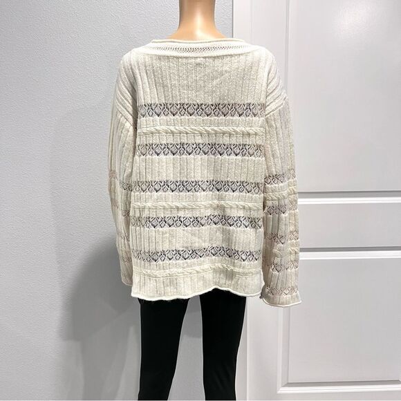 Zara Womens Sweater Ivory Pullover Lace Striped Long Sleeve Round Neck Size M - Picture 6 of 7